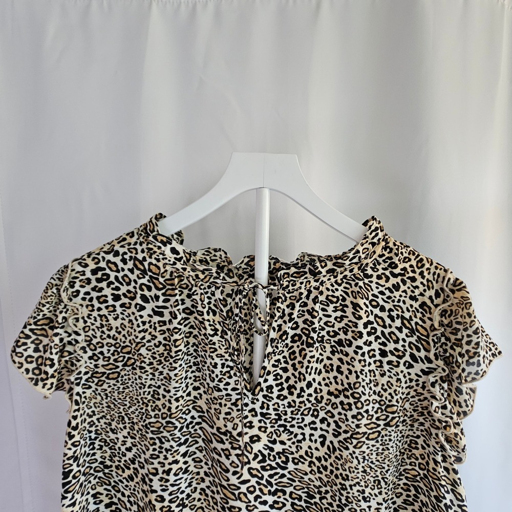 Chapter One Leopard Print Sleeveless Ruffle Trim Sheer Blouse Top Mob Wife